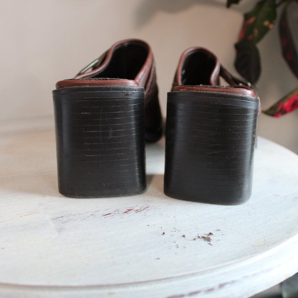 Bass Vintage Brown Leather Square Toe Block Heel Mules US7.5 - Picture 8 of 9
